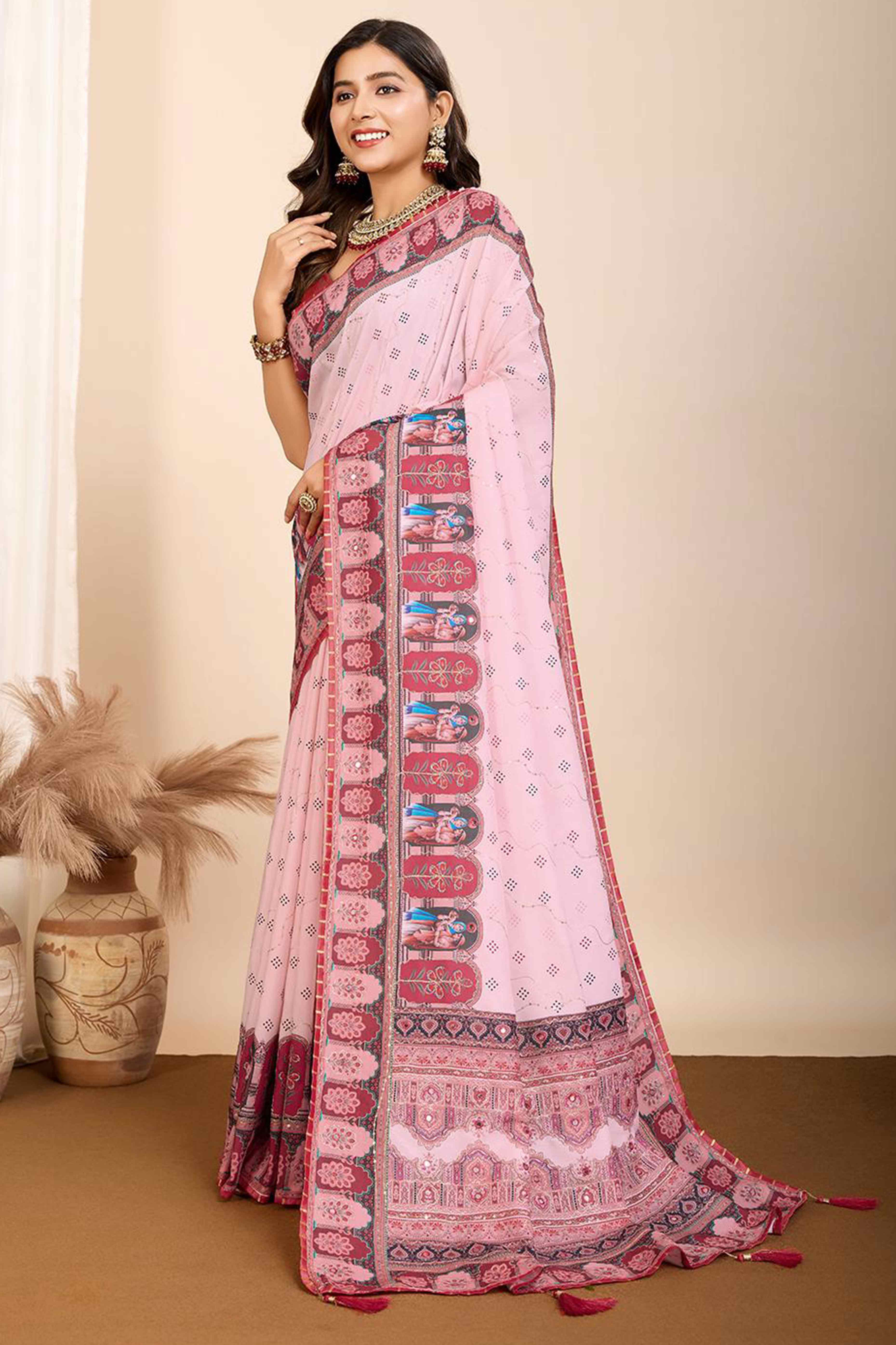 Light Pink Digital Printed With Mirror Embroidery Work Muslin Saree