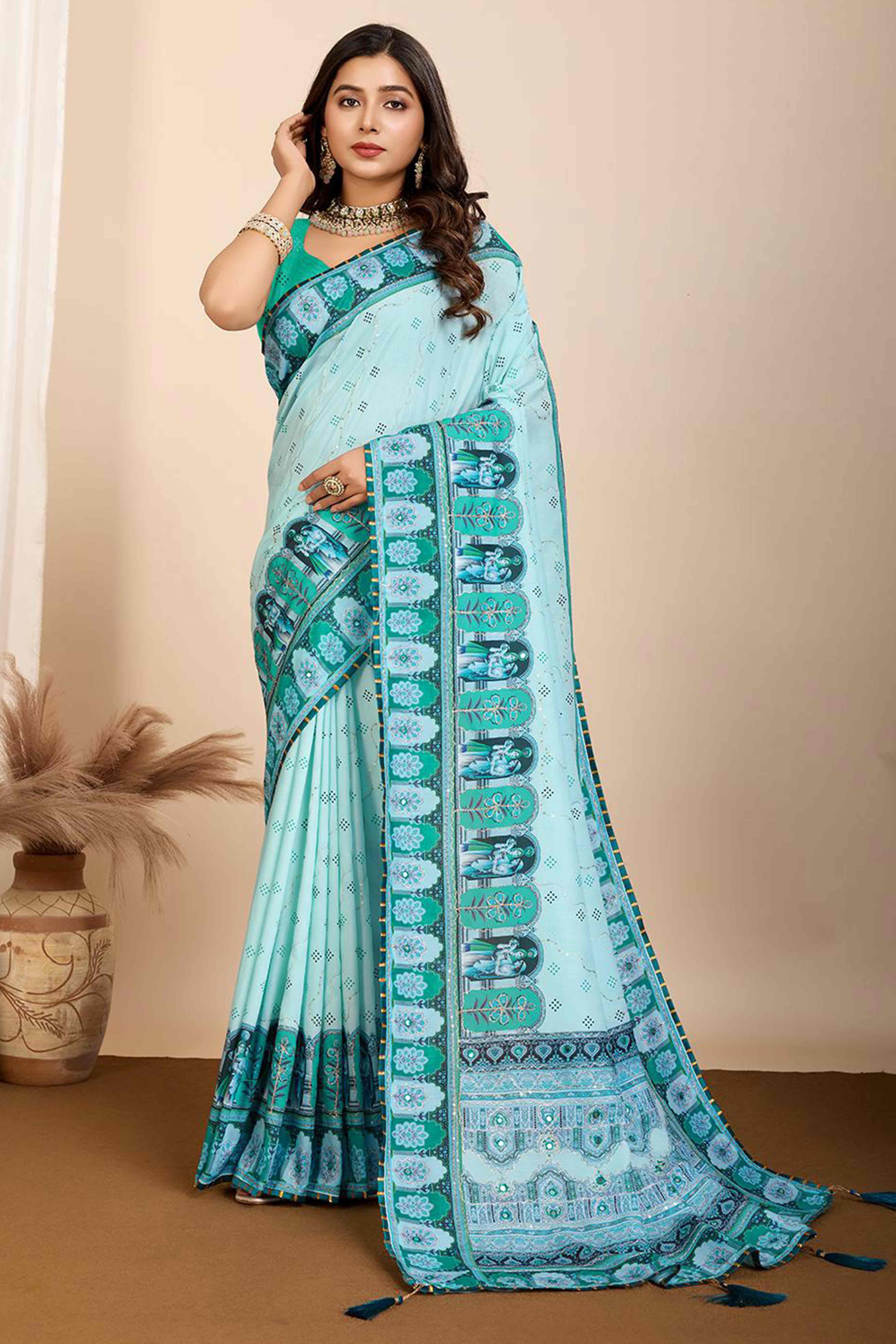 Light Blue Digital Printed With Mirror Embroidery Work Muslin Saree