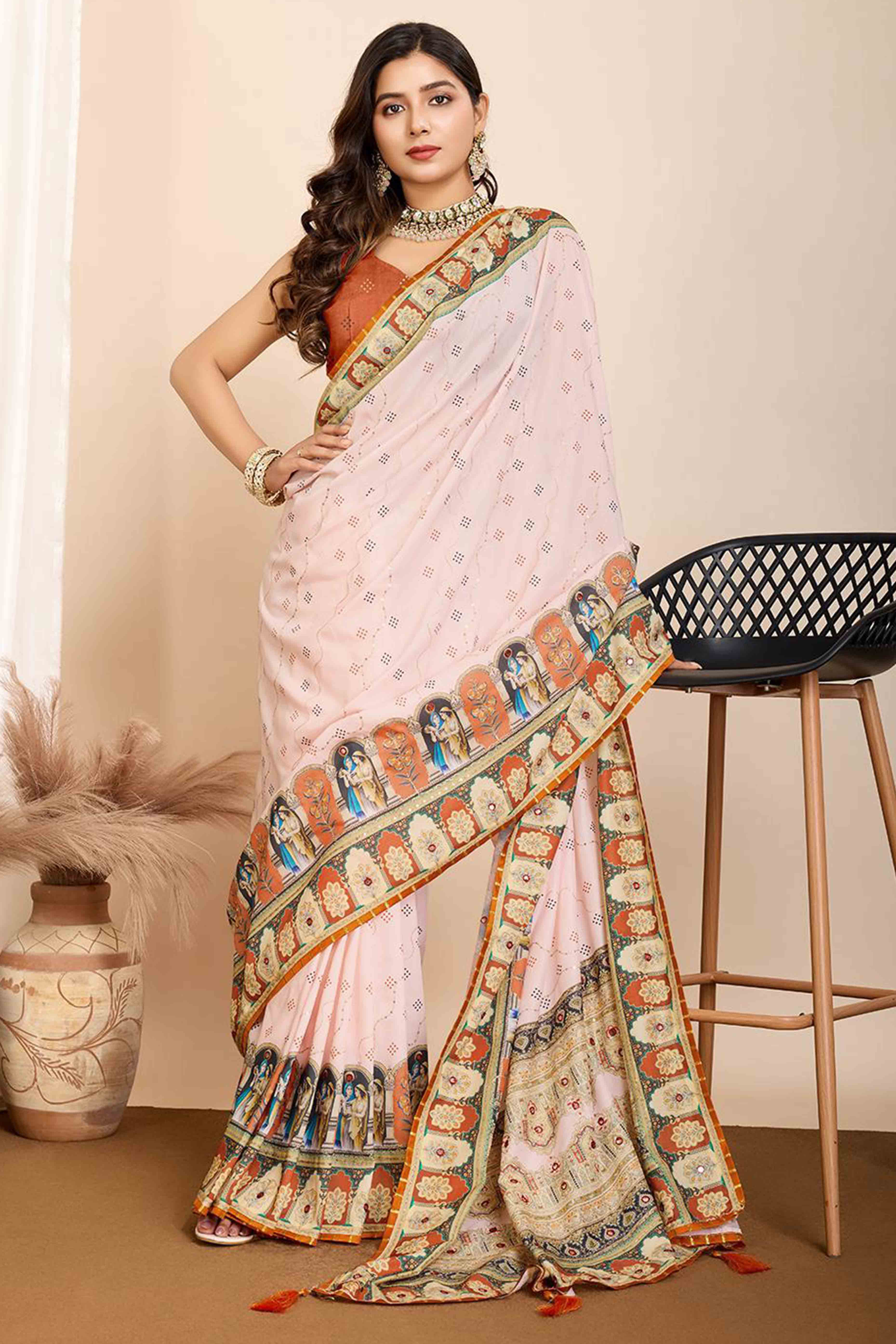 Light Peach Digital Printed With Mirror Embroidery Work Muslin Saree