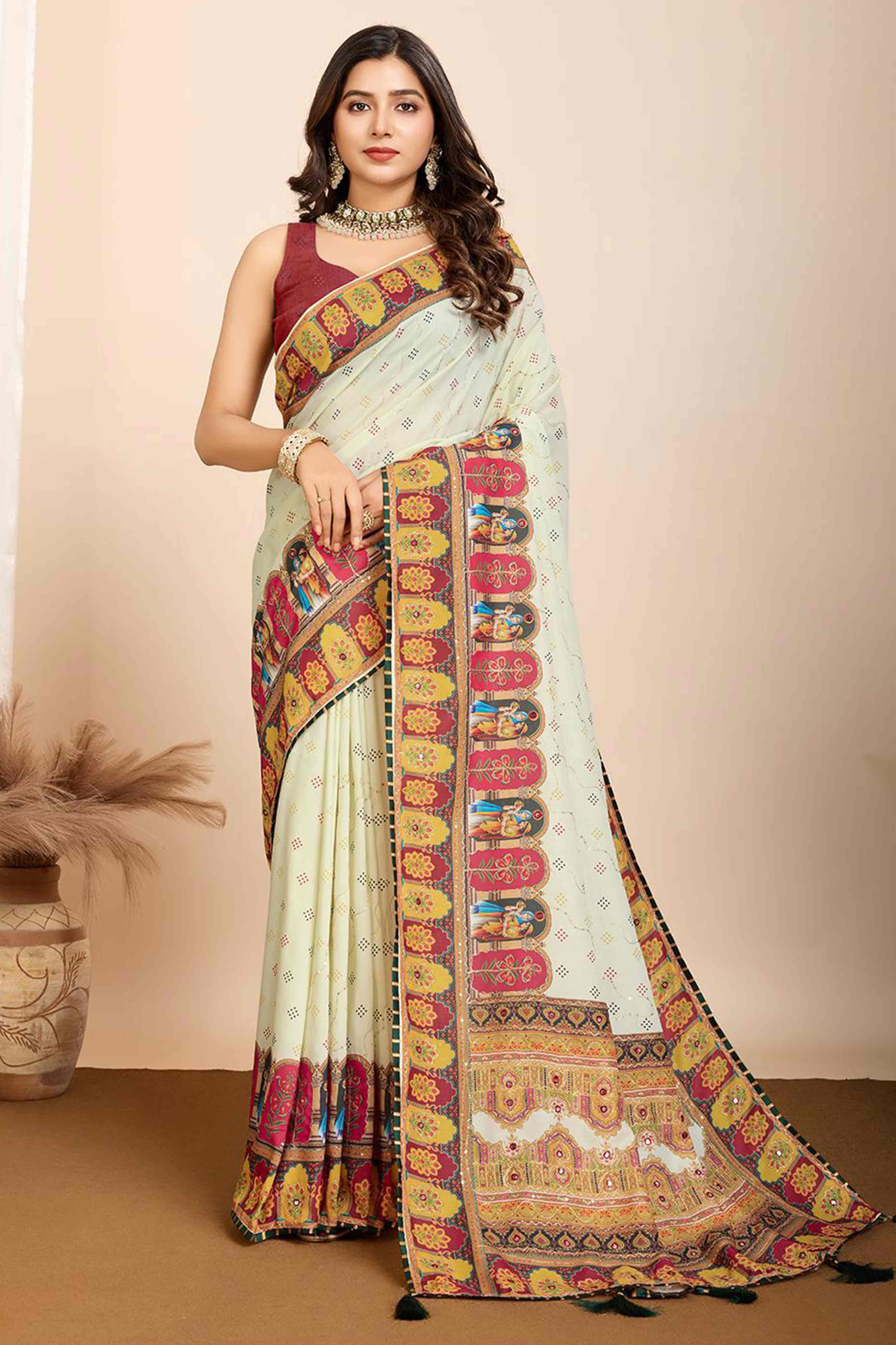 Light Pista Green Digital Printed With Mirror Embroidery Work Muslin Saree