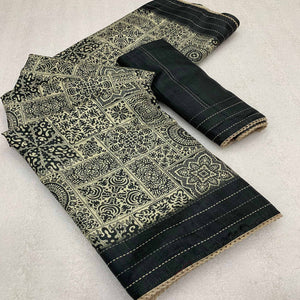 Black Ajrakh Printed Tussar Silk Saree