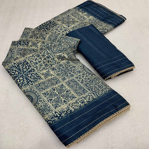Blue Ajrakh Printed Tussar Silk Saree