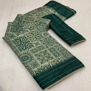 Green Ajrakh Printed Tussar Silk Saree