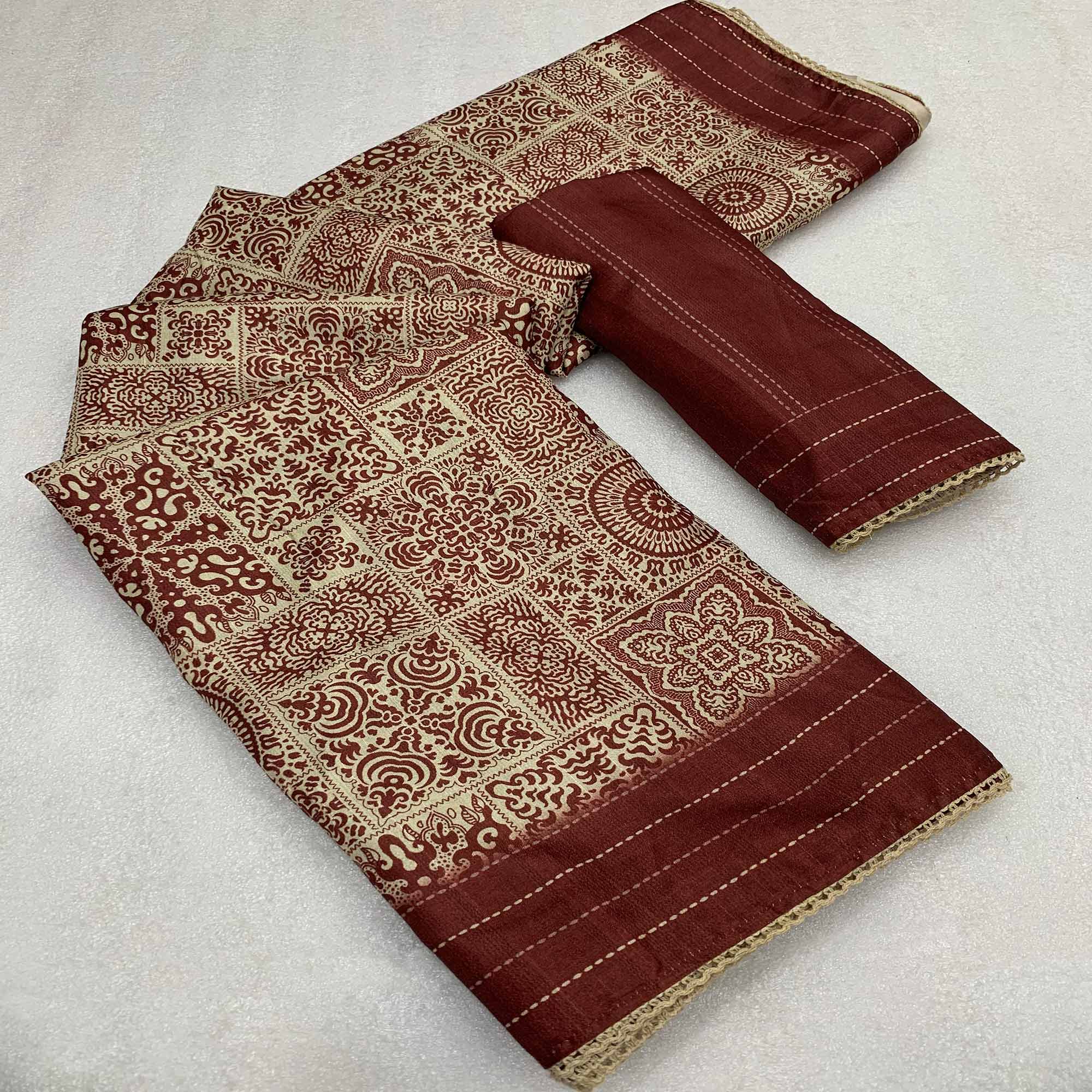 Rust Ajrakh Printed Tussar Silk Saree