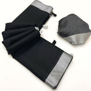 Black Solid Pure Linen Saree With Zari Woven Border