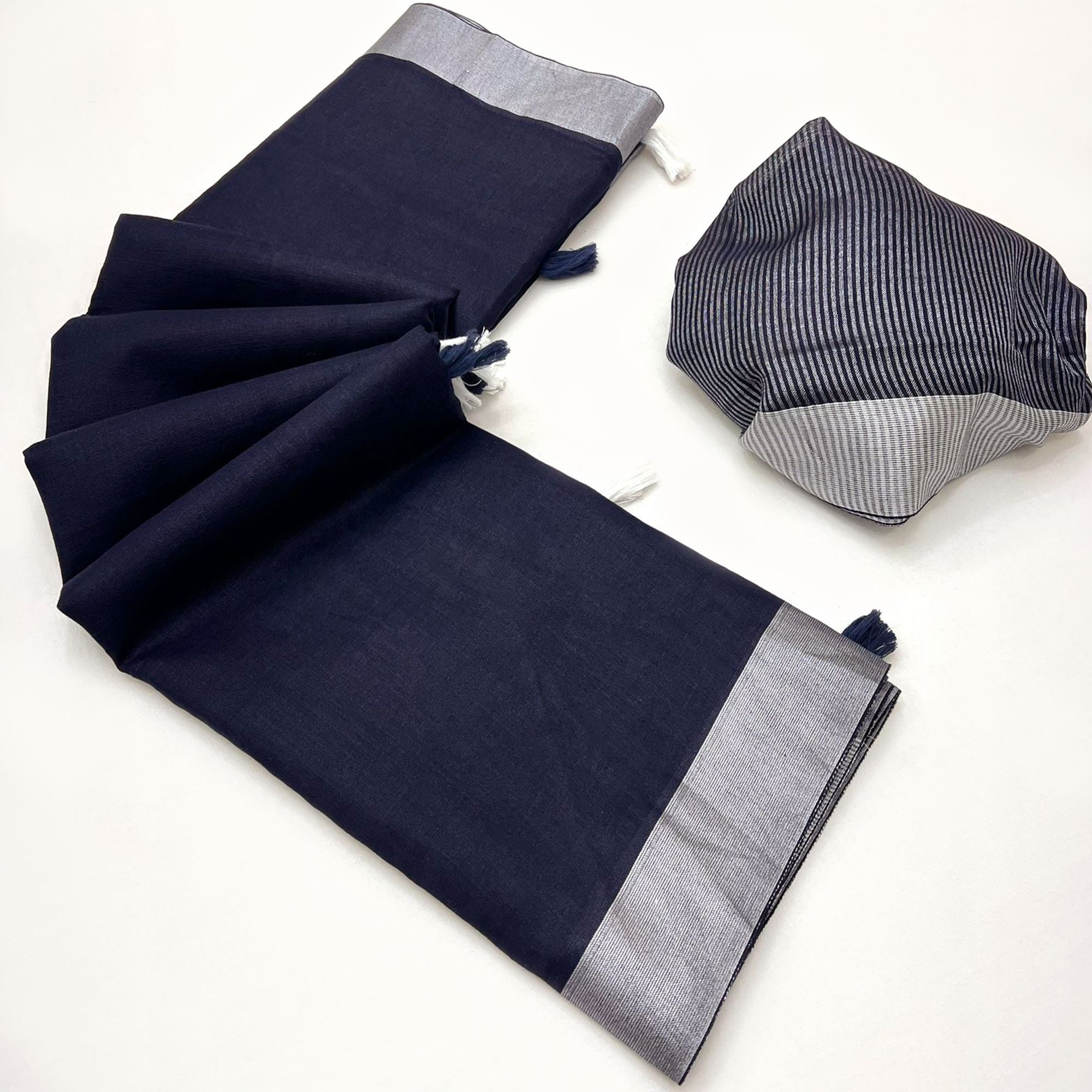 Dark Blue Solid Pure Linen Saree With Zari Woven Border