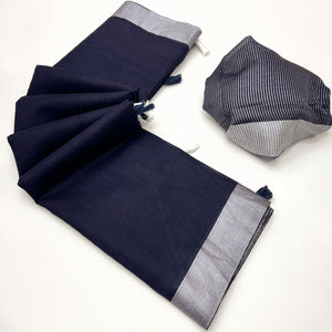 Dark Blue Solid Pure Linen Saree With Zari Woven Border