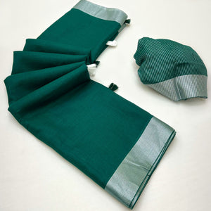 Green Solid Pure Linen Saree With Zari Woven Border