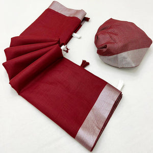 Maroon Solid Pure Linen Saree With Zari Woven Border