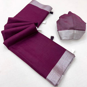 Wine Solid Pure Linen Saree With Zari Woven Border