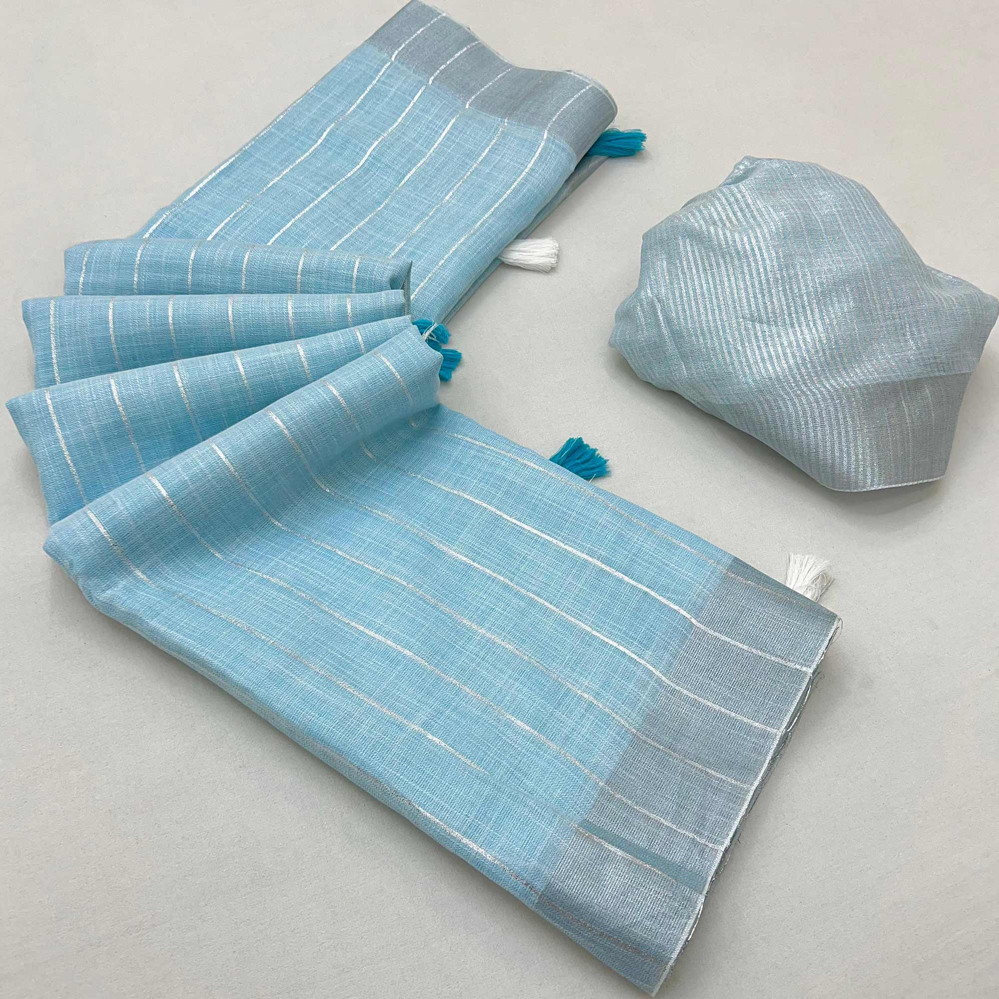 Blue Zari Woven Linen Saree With Tassels
