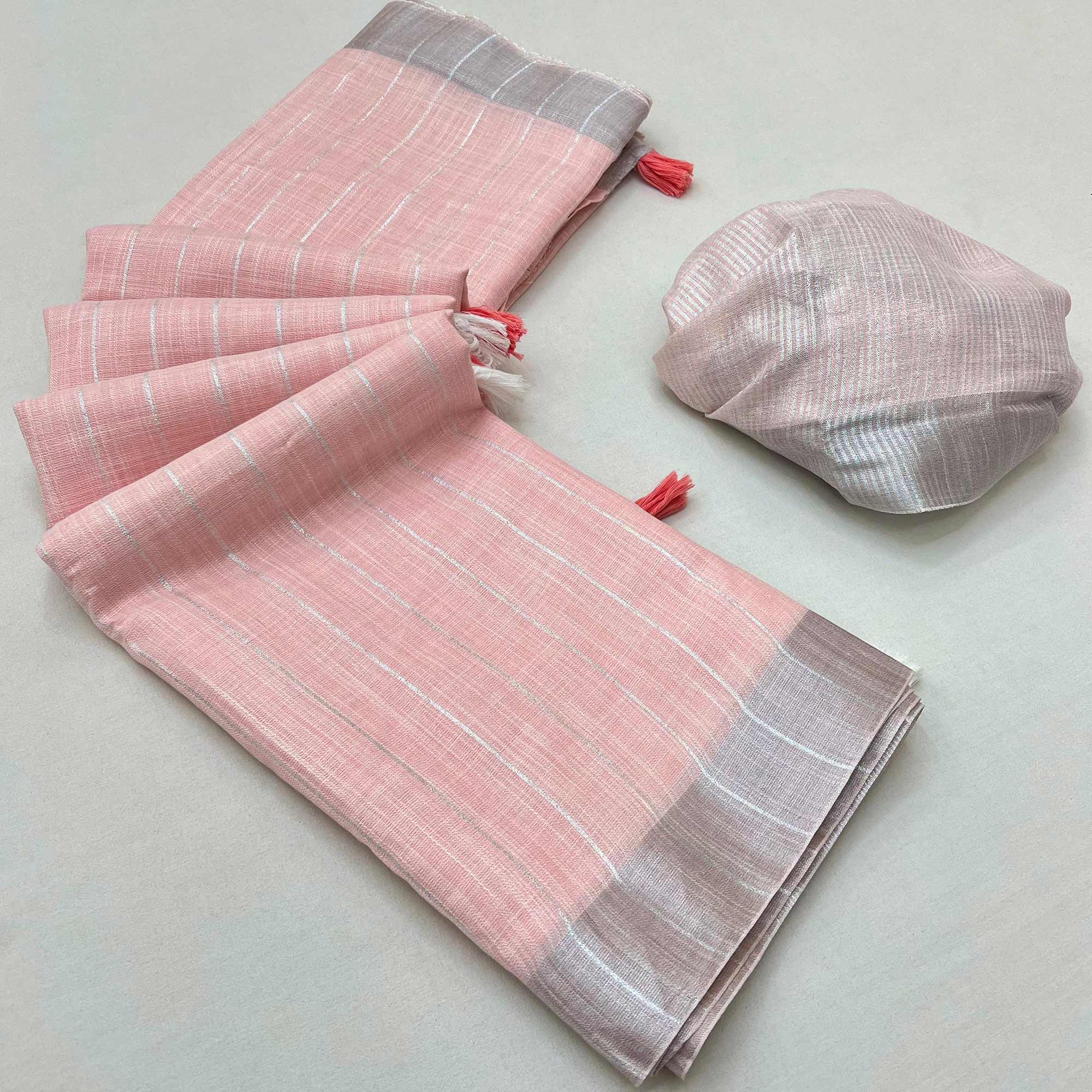Light Pink Zari Woven Linen Saree With Tassels