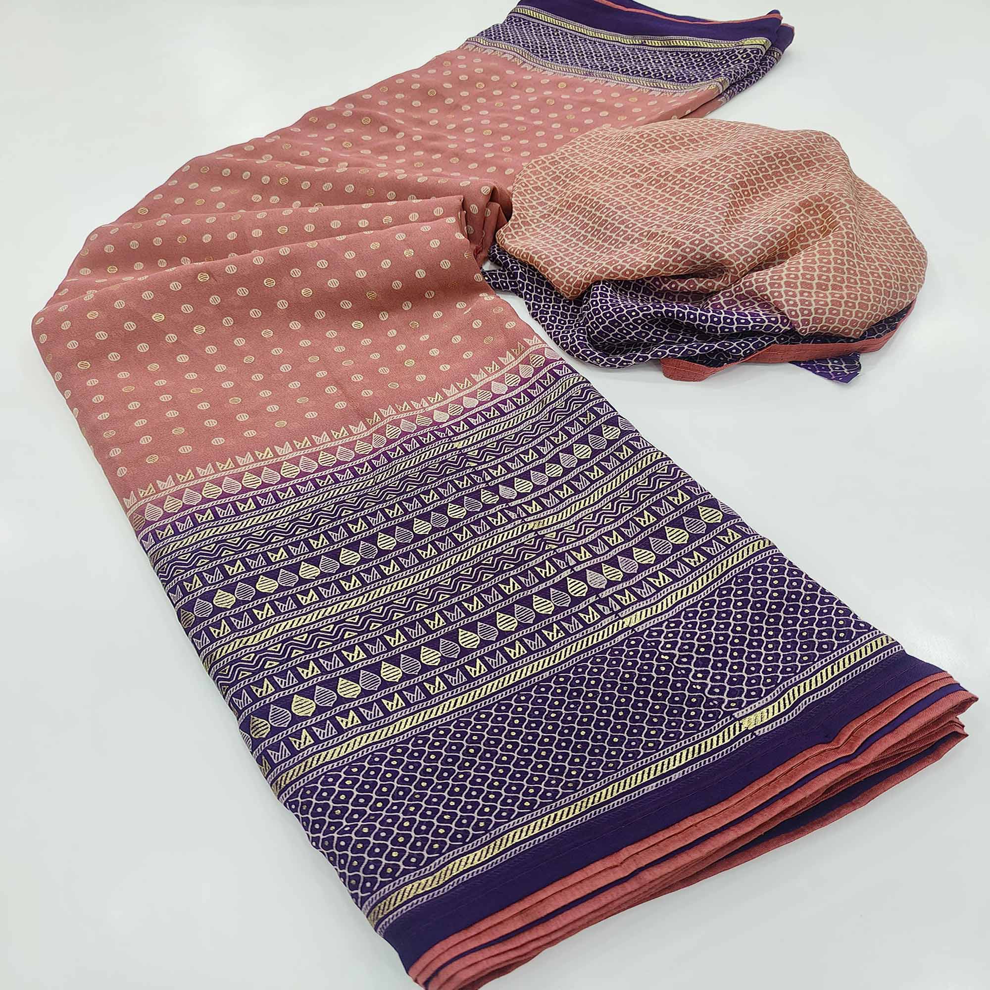 Peach Foil Printed Georgette Saree