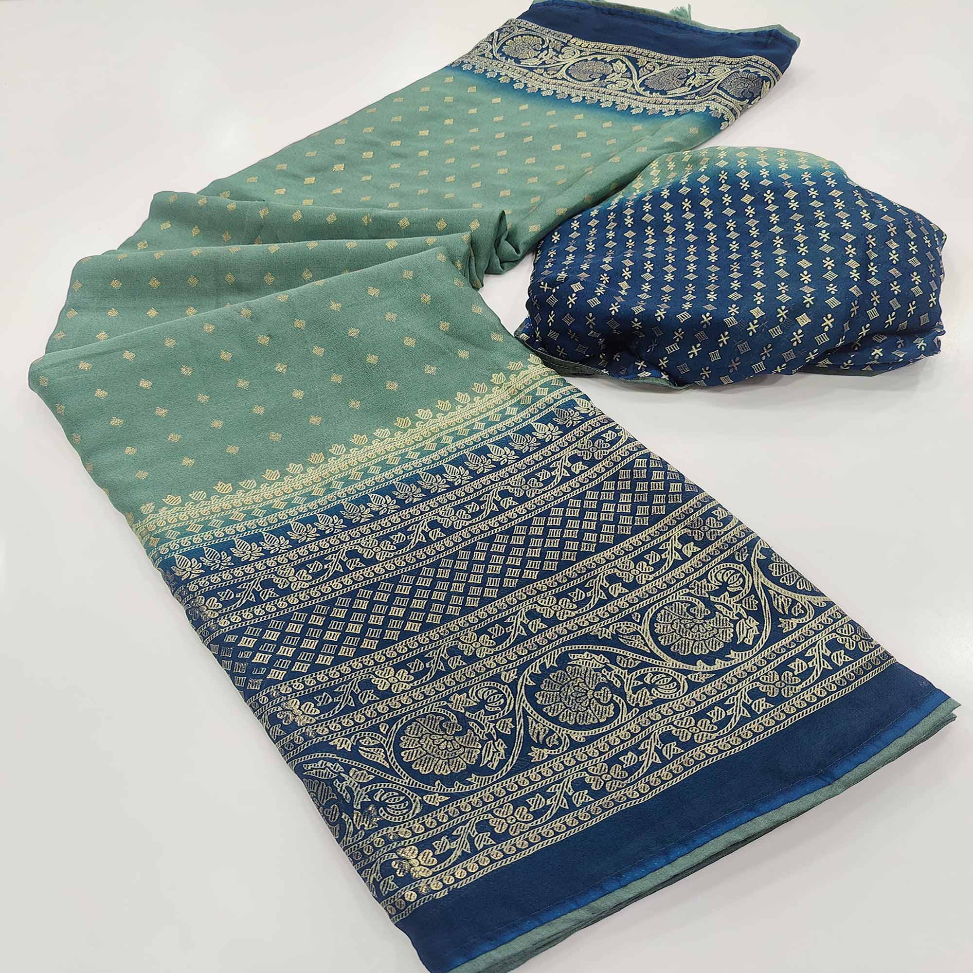 Dusty Green Foil Printed Georgette Saree