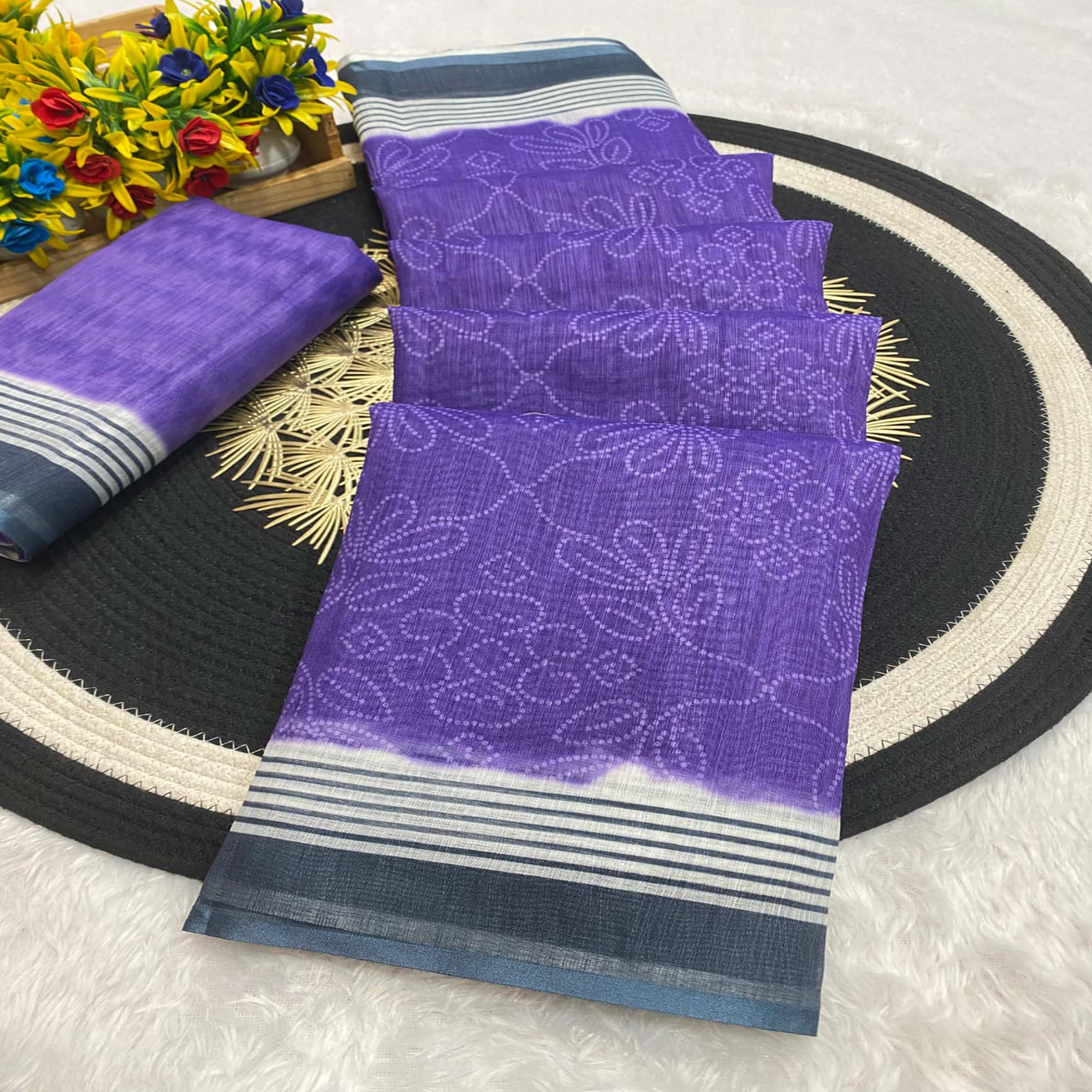 Purple Pure Linen Saree with Authentic Bandhani Print
