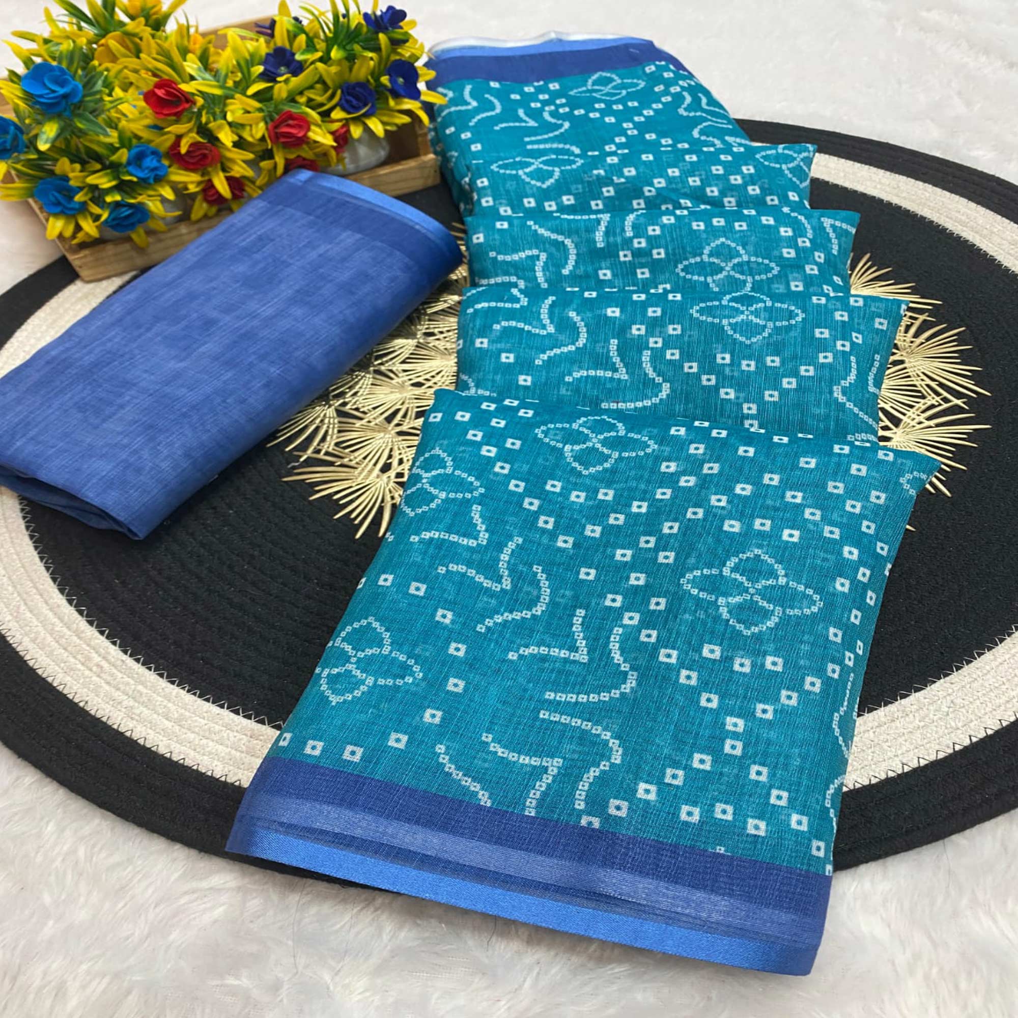 Teal Pure Linen Saree with Authentic Bandhani Print