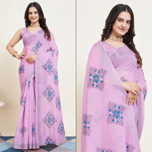 Pink Floral Printed Linen Saree
