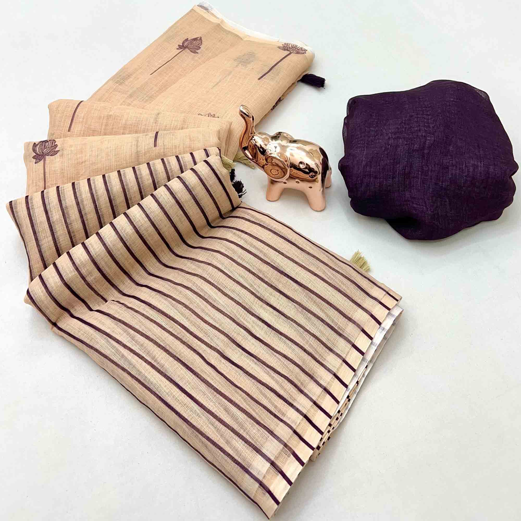 Beige Floral Print Saree in Breathable Pure Linen Fabric