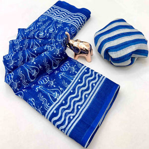 Blue Floral Print Saree in Breathable Pure Linen Fabric