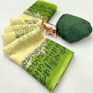 Cream Floral Print Saree in Breathable Pure Linen Fabric