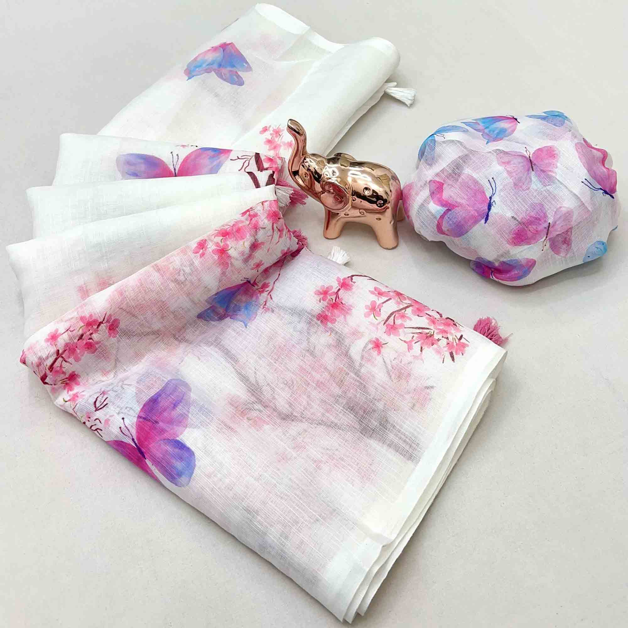 White Floral Print Saree in Breathable Pure Linen Fabric