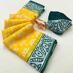 Yellow Floral Print Saree in Breathable Pure Linen Fabric