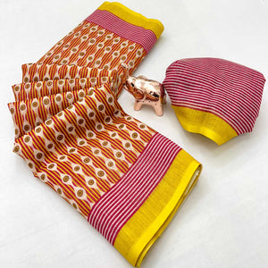 Multicolor Soft Linen Saree with Artistic Print Detailing