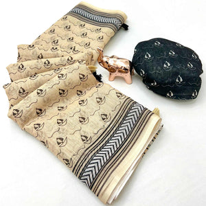 Beige Soft Linen Saree with Artistic Print Detailing