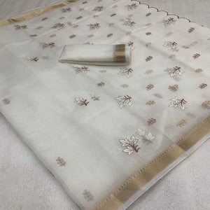 White Floral Embroidered Cotton Silk Saree Woven Border