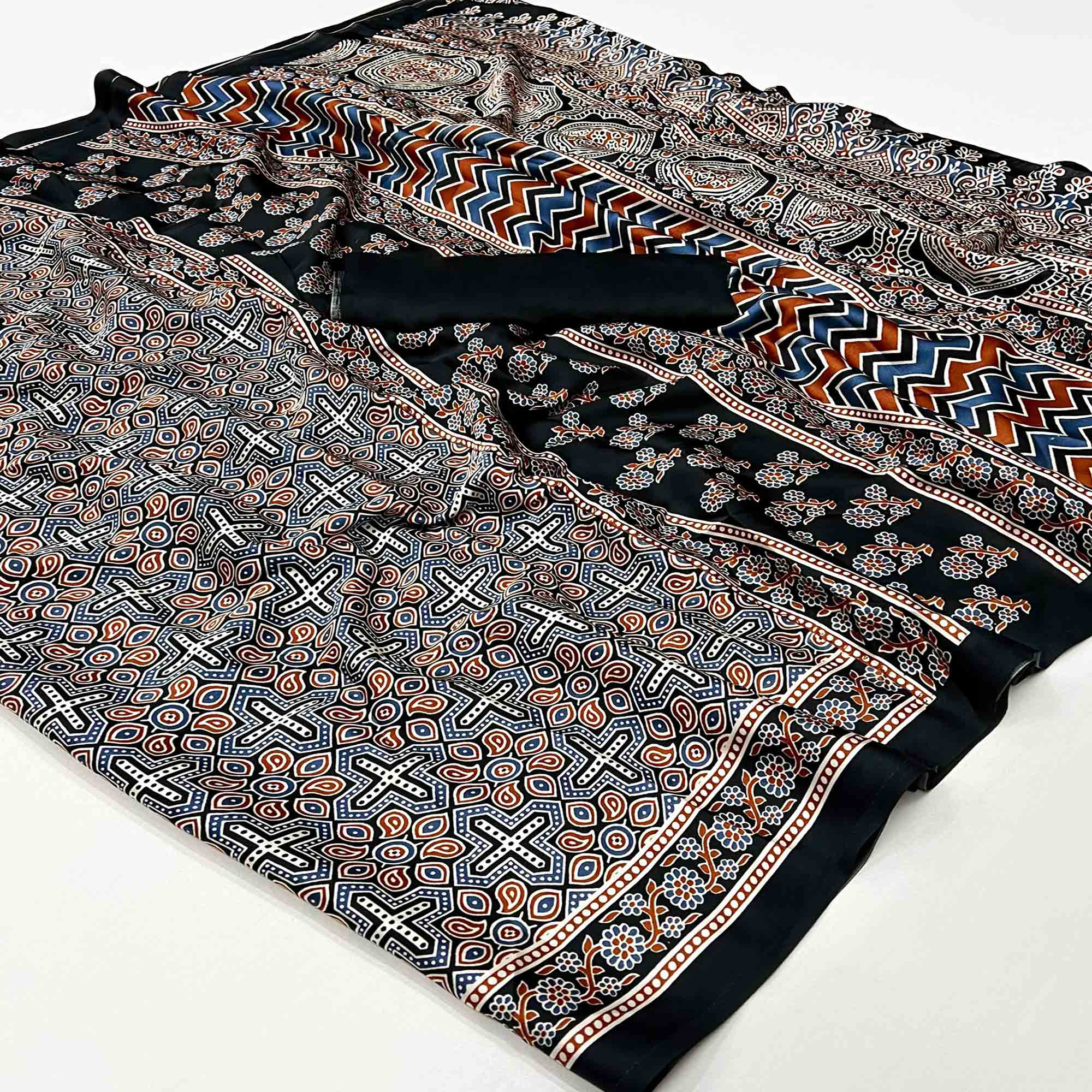Black Ajrakh Printed Satin Saree