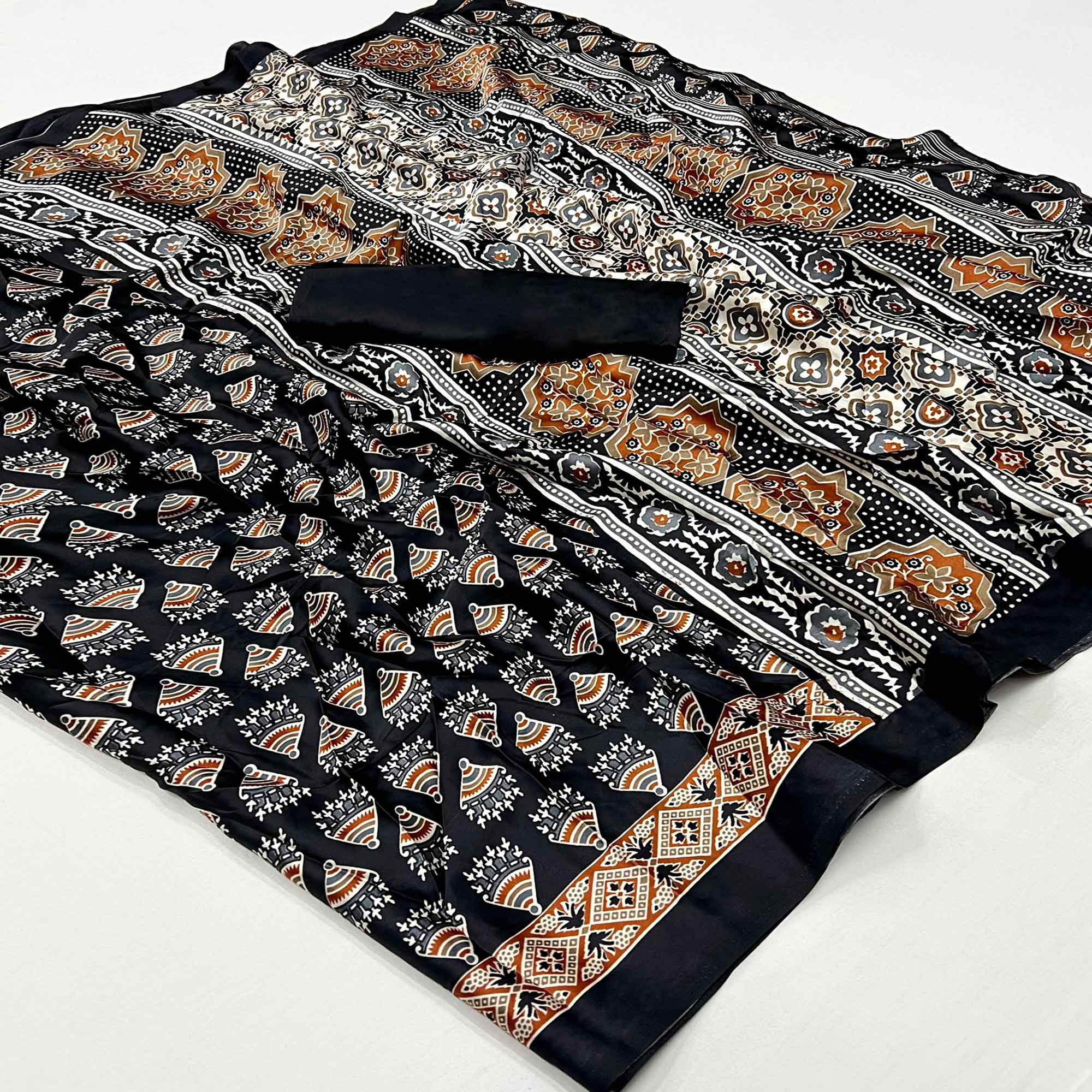 Black Ajrakh Printed Satin Saree