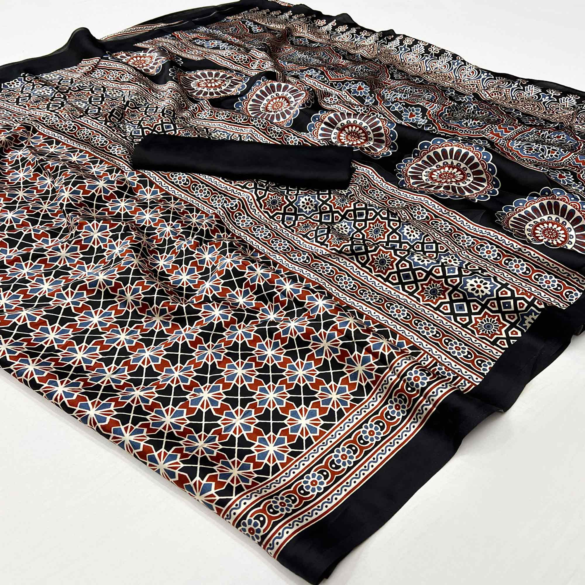 Black Ajrakh Printed Satin Saree