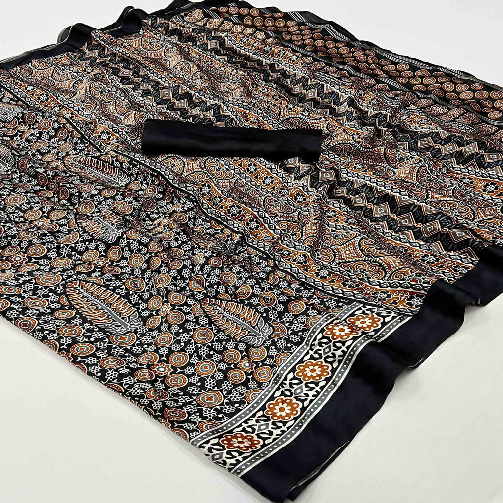 Purple & Black Crepe Calm – Readymade Ajrakh Saree