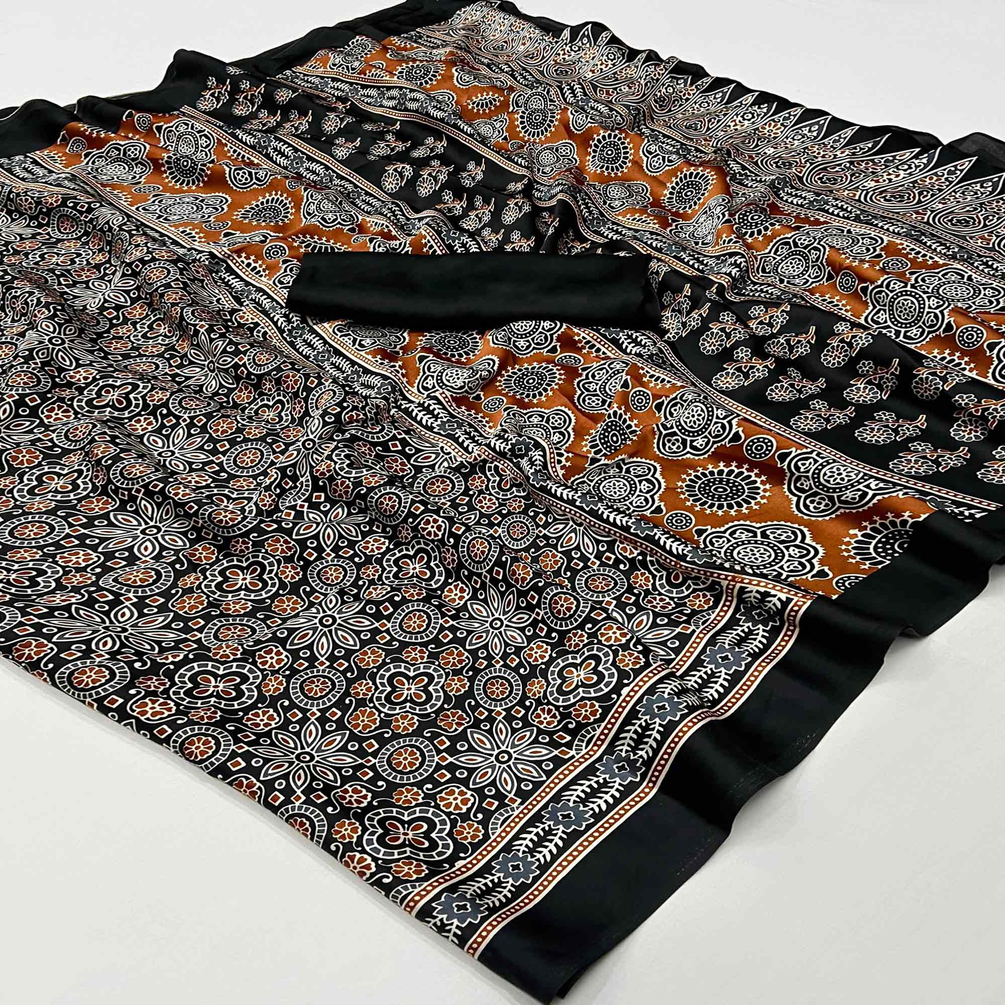 Black Ajrakh Printed Satin Saree