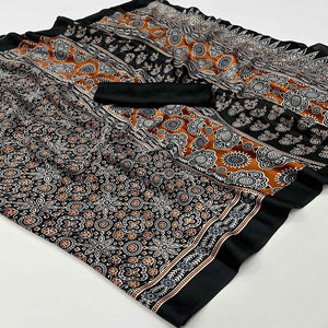 Black Ajrakh Printed Satin Saree