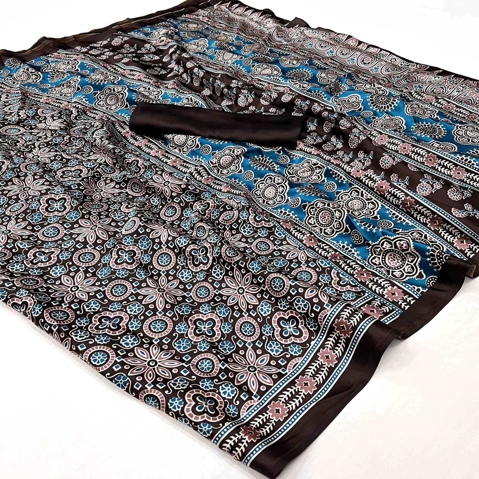 Brown Ajrakh Printed Satin Saree