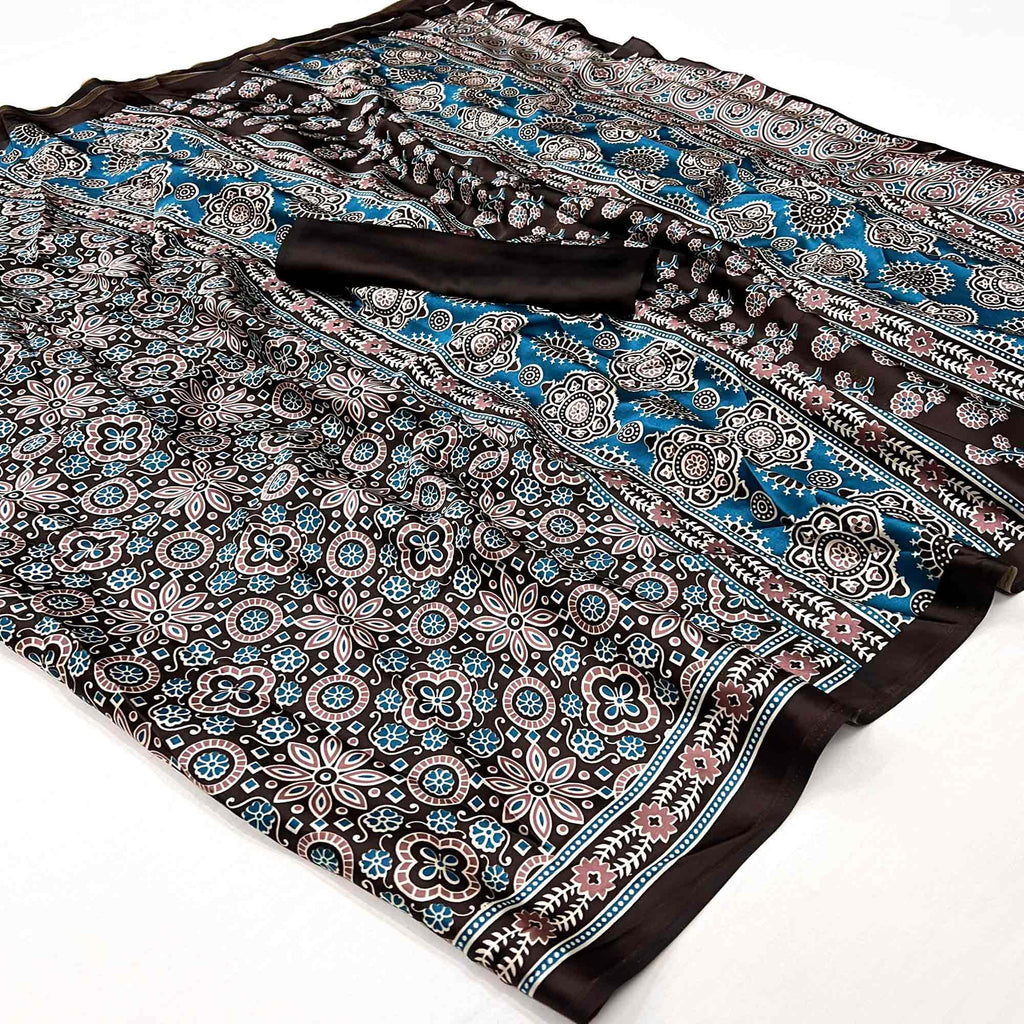 Brown Ajrakh Printed Satin Crepe Silk Saree main image 1