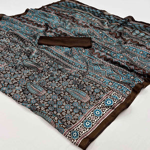 Brown & Blue Ajrakh Printed Satin Saree