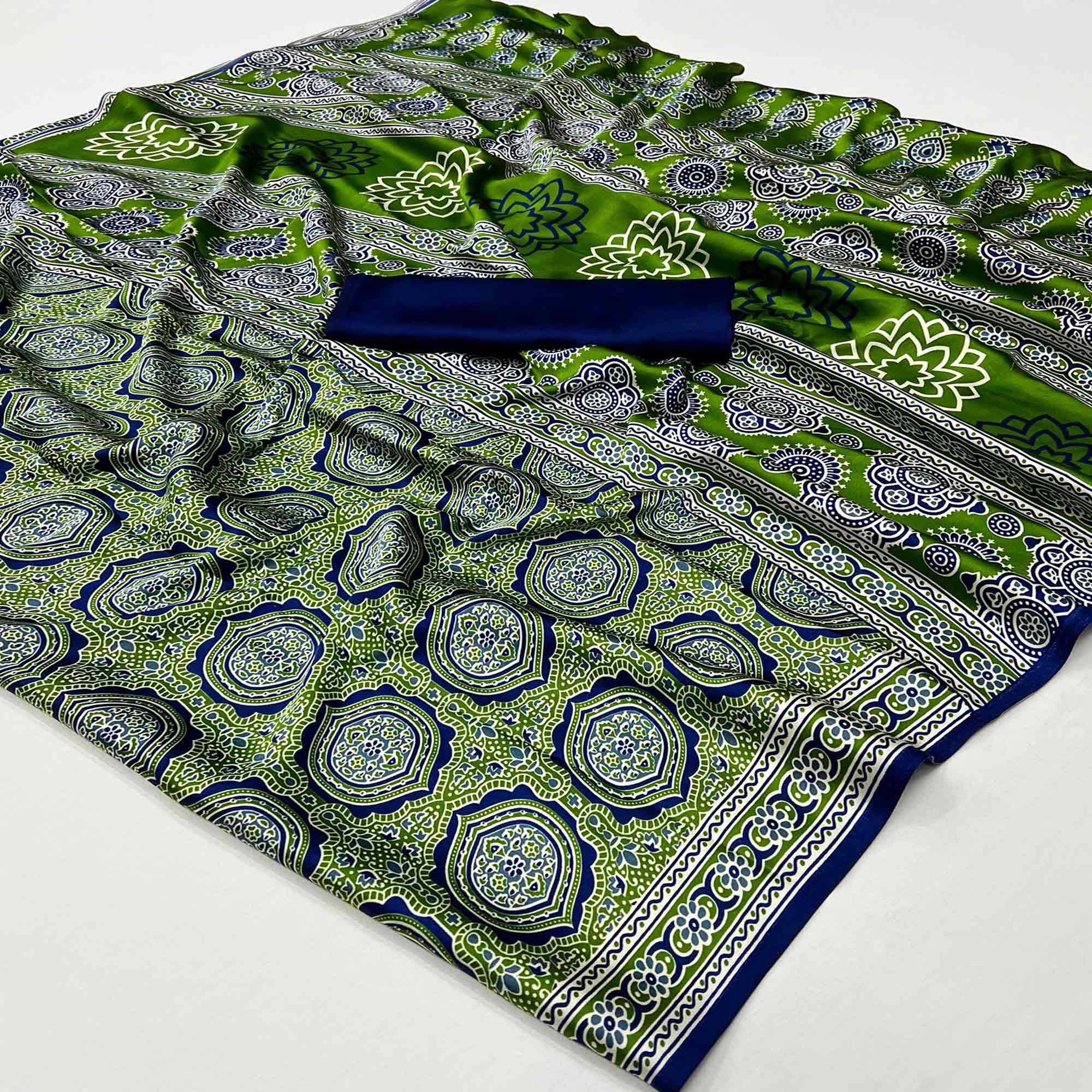 Green Ajrakh Printed Satin Saree
