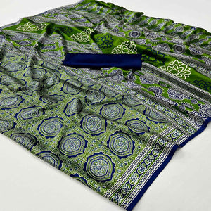 Green Ajrakh Printed Satin Saree