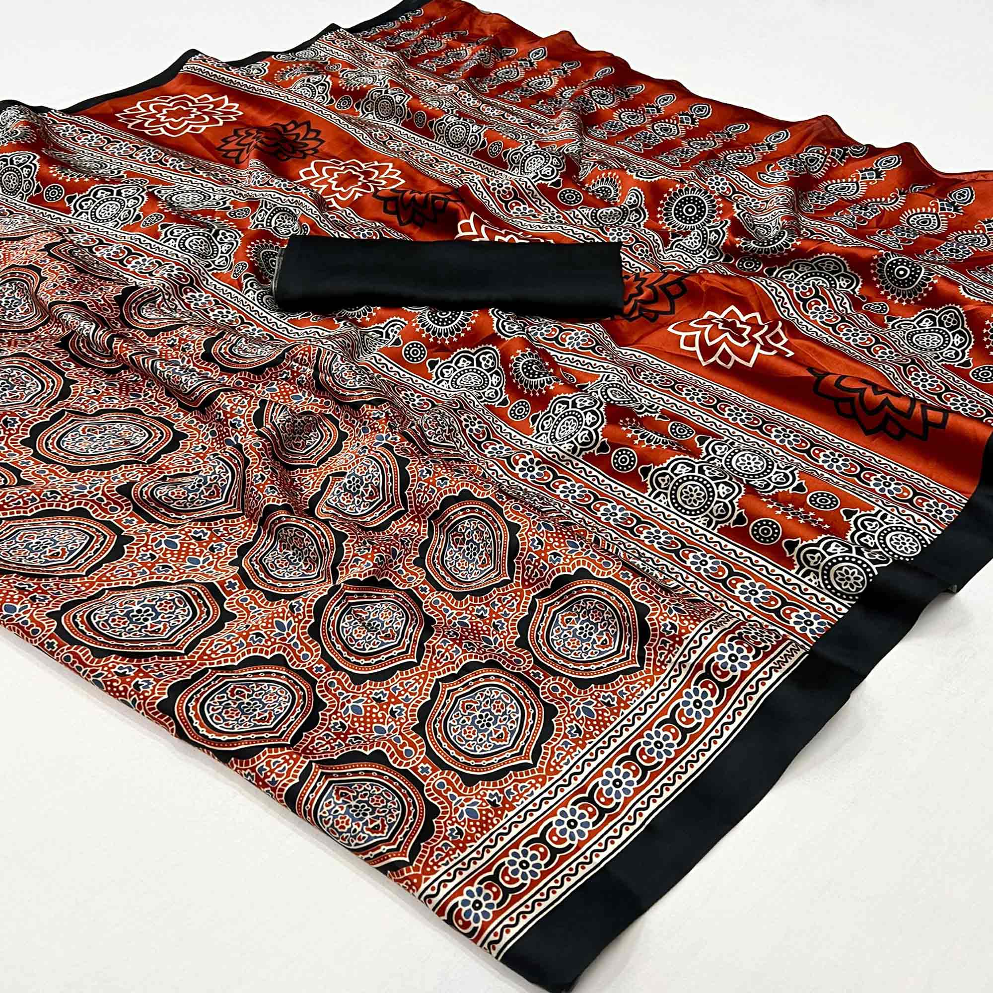 Rust Ajrakh Printed Satin Saree