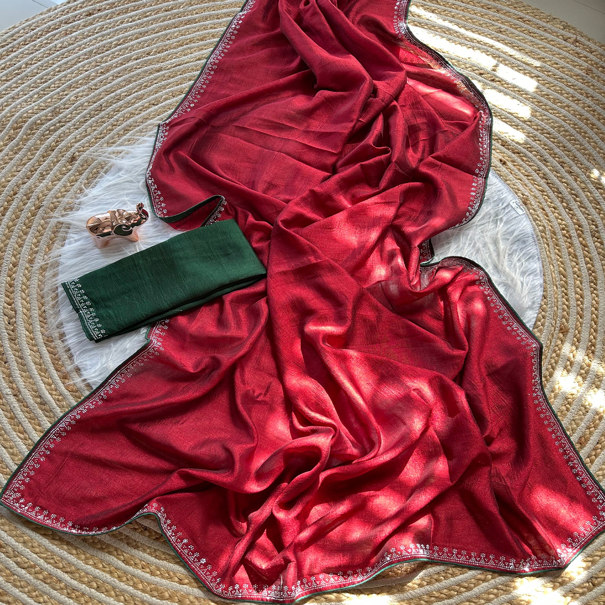 Red Partywear Vichitra Silk Saree Featuring Exquisite Swarovski Stone Work