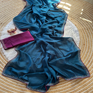 Teal Partywear Vichitra Silk Saree Featuring Exquisite Swarovski Stone Work