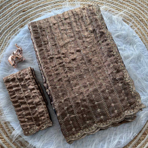 Elegant Dusty Brown Silk Saree Adorned With Floral Sequins Embroidery & Cutwork Zari Border