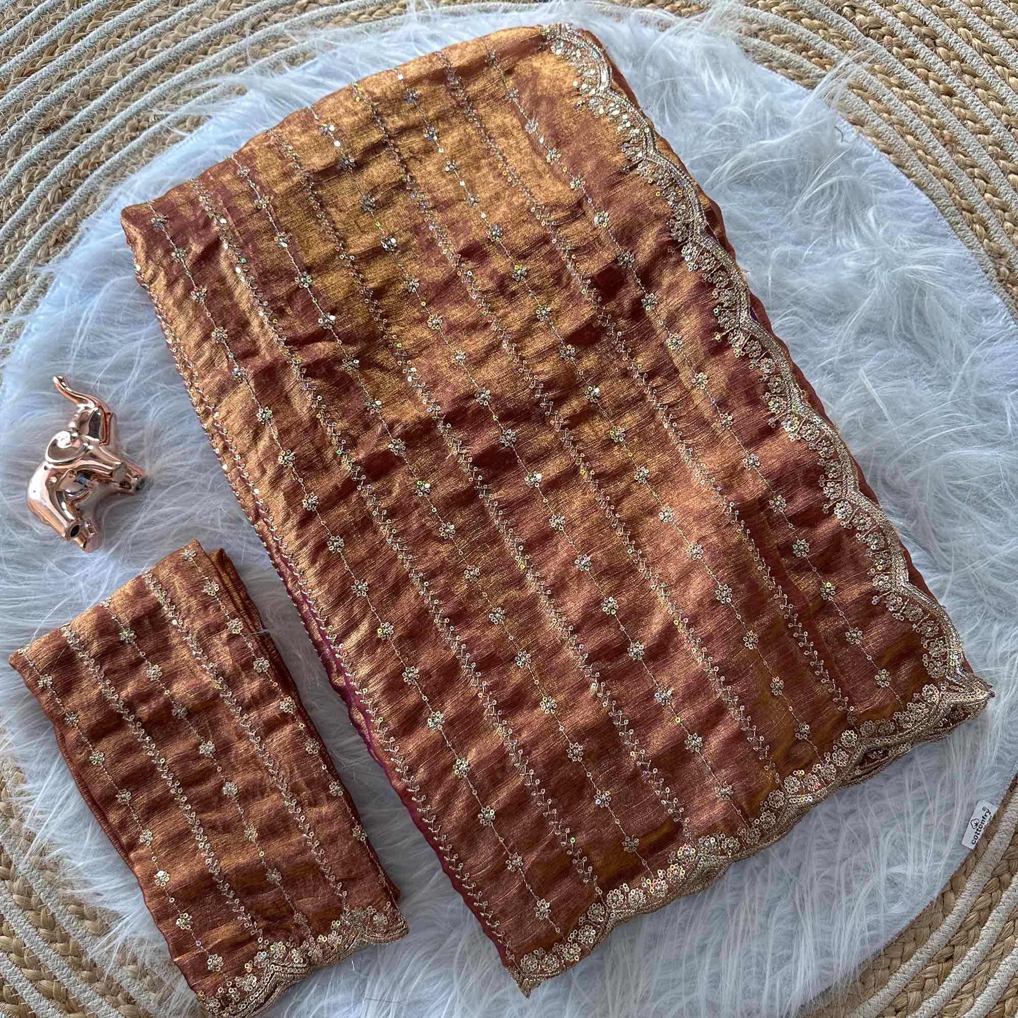 Elegant Dusty Peach Silk Saree Adorned With Floral Sequins Embroidery & Cutwork Zari Border
