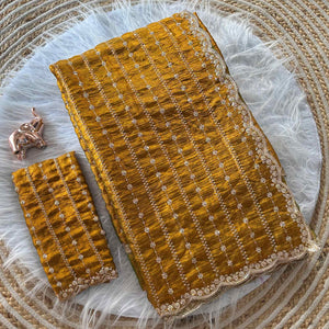 Elegant Golden Silk Saree Adorned With Floral Sequins Embroidery & Cutwork Zari Border