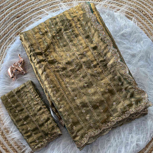 Elegant Green Silk Saree Adorned With Floral Sequins Embroidery & Cutwork Zari Border