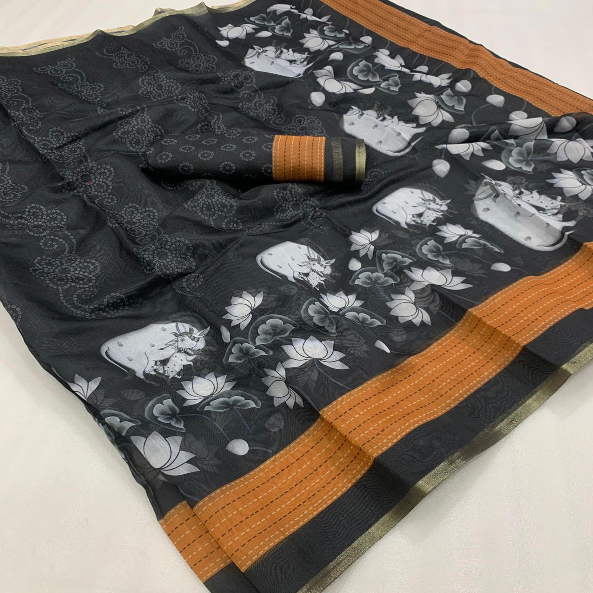 Black & Brown Printed Chanderi Saree