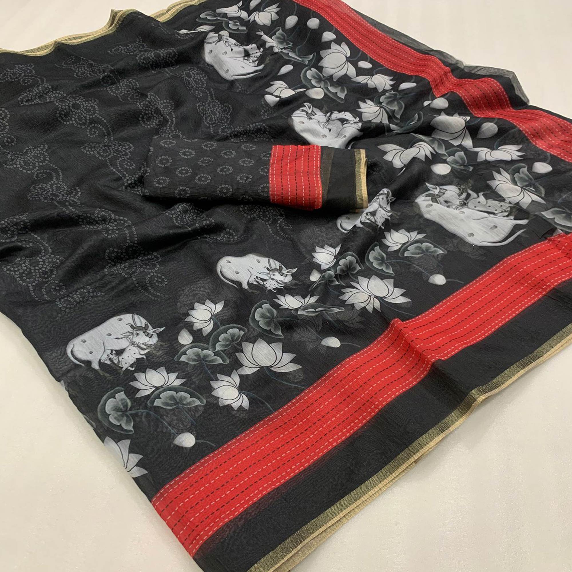 Black & Red Printed Chanderi Saree