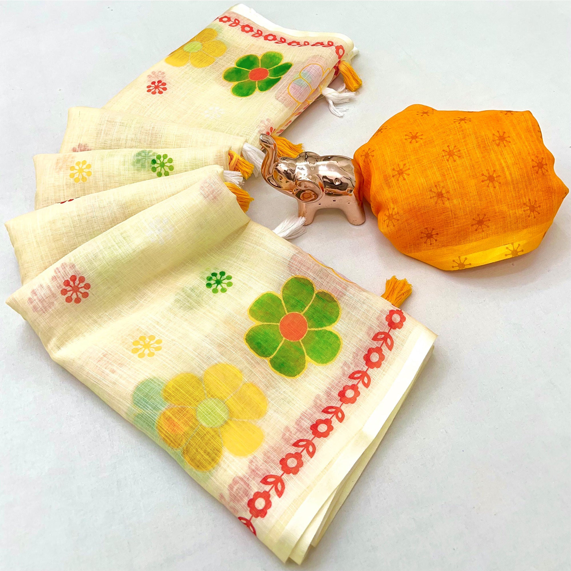 Soft & Comfortable Cream Linen Saree with Modern Printed Styling